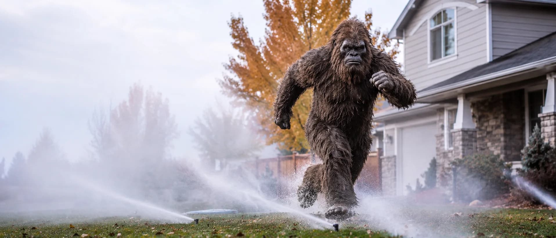 Sasquatch running through sprinklers during a Troop 404 fundraiser